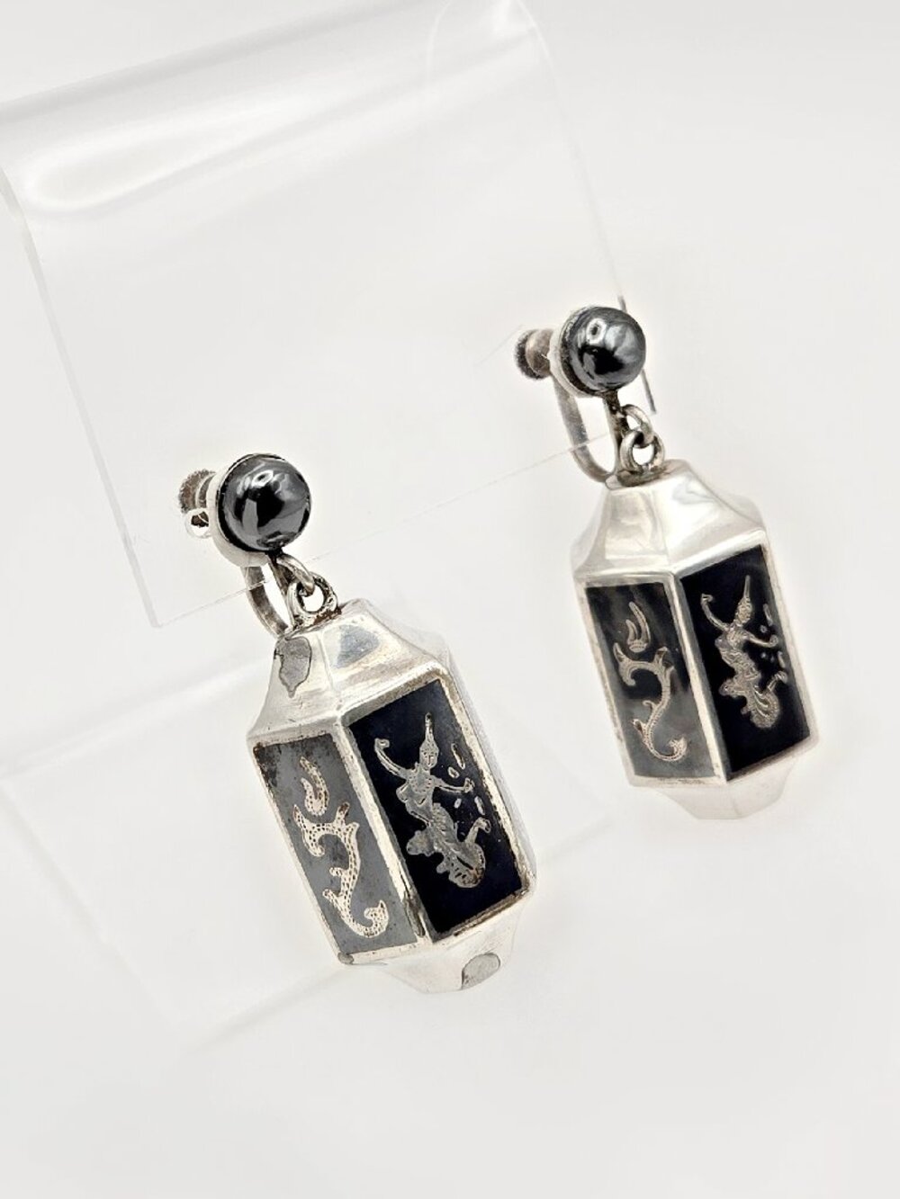 Vintage Siam Sterling Niello Goddess Dangle Earrings Hematite Screw Back